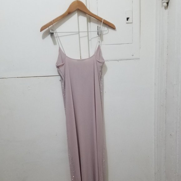 NWT BEIGE PINK NUDE RHINESTONE TULLE SLIP DRESS - Picture 7 of 8